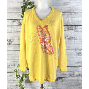 The Quacker Factory Sweater Plus size 1X Yellow Butterfly Sequins Beads Summer